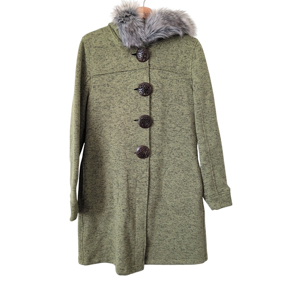 Wooly Bully Wear Colorado Women's Green Faux Fur Hood Longline Coat Size M Artsy